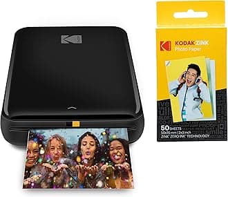 Step Instant Printer | Bluetooth/NFC Wireless Photo Printer with ZINK Technology & KODAK App for iOS & Android (Black) Prints 2x3 Inch Sticky-Back Photos + Kodak Zink Photo Paper - Pack of 50