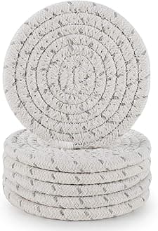 ABenkle Drink Coasters, 6Pcs Stylish Handmade Braided Drink Coasters 11cm (4.3inch), 100% Pure Cotton Super Absorbent Round Coasters for Drinks, Great Housewarming Gift ( White Mixed Grey Dot