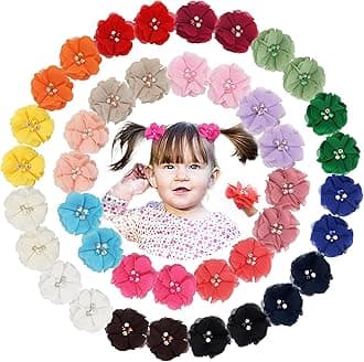 40 Pack Baby Girls Hair Accessories - 2 Inch Handmade Pearl Rhinestone Chiffon Flower Soft Elastics Ponytail Holders for Newborns to Kids