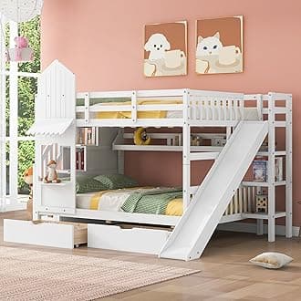Full-Over-Full Bunk Beds Castle Style Bunk Bed with 2 Drawers 3 Shelves and Slide - White