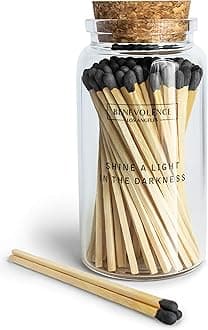 Benevolence LA Decorative Wooden Matches in Glass Jar with Striker | 4 Inches Colored Safety Long Match for Lighting Candles | Apothecary Home & Bathroom Decor - Midnight Black