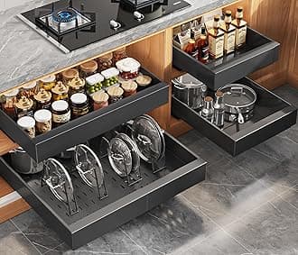 4Pack Expandable Pull Out Cabinet Organizer 21"Deep With Raising Pad for Framed Cabinets,Slide Out Drawers with 4pcs Divider Racks,Roll Out Shelves Adhesive,Adjustable Width 12.05"-20.4"Black