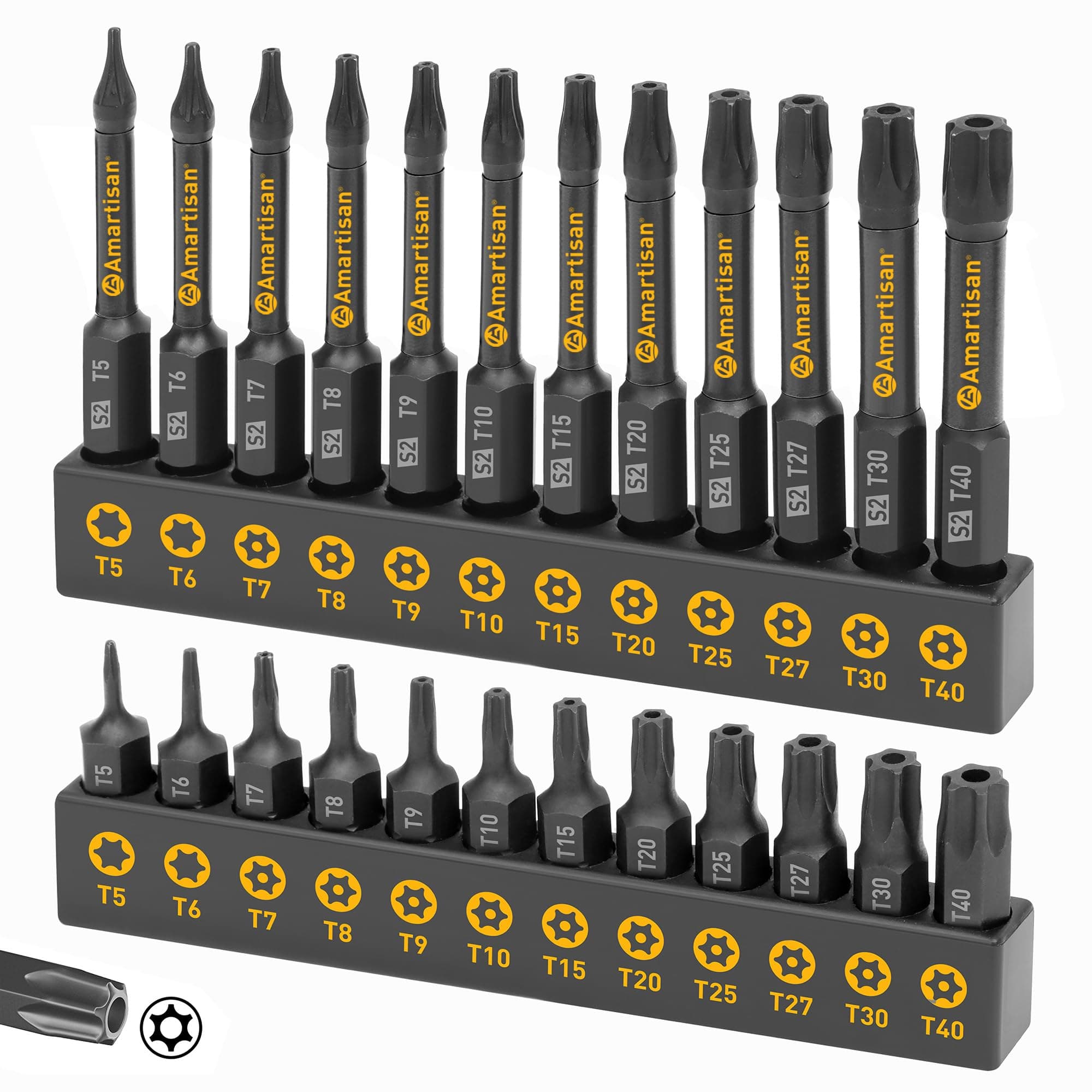 Amartisan Torx Bit Set, 24-Piece Security and Tamper Resistant Star Bits Set S2 Steel, 1" and 2.3" Long T5 - T40