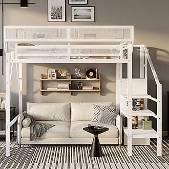 Twin Size Loft Bed with Stairs and Storage, Metal Loft Bed Frame with A Shelf and Large Under-Bed Space, Heavy-Duty Loft Beds for Kids Boys Girls Teens, White