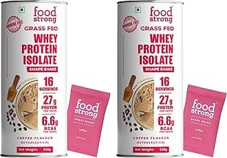 Foodstrong Whey Protein Isolate, 100% Hormone Free Grass-Fed Whey, 27G Protein & 6.6G BCAA, Coffee, With Turmeric & Digestive Enzymes, 16 Sachets, 528g (Pack of 2)