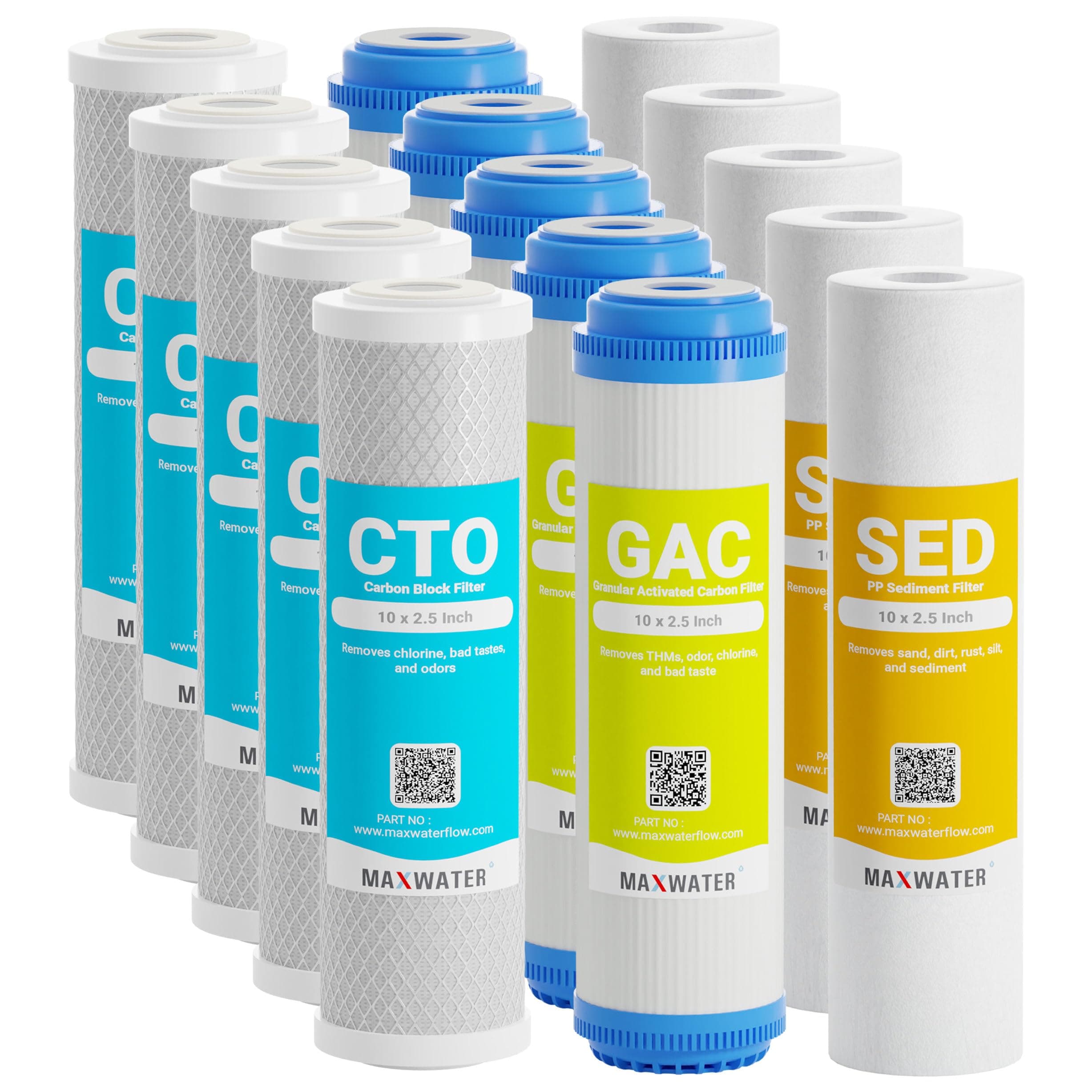Max Water 5 Micron Replacement 10 x 2.5 inch Filter Cartridge Set For Standard RO | Reverse Osmosis Water Filter Systems - PP Sediment, GAC & CTO | Compatible with AP110, WHKF-GD05, WHKF-WHWC, GAC-10