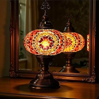 Mozaist Turkish Mosaic Desk Lamp with Bulb – Orange Red Tiffany-Style Glass, ...
