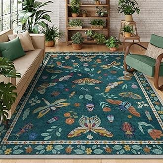 Insect Rugs for Living Room Soft Washable Rugs for Bedroom Ultra Thin Non-Slip Modern Stain Resistant Rugs for Office Nursery Dining Room (5x6ft, Dark Green)