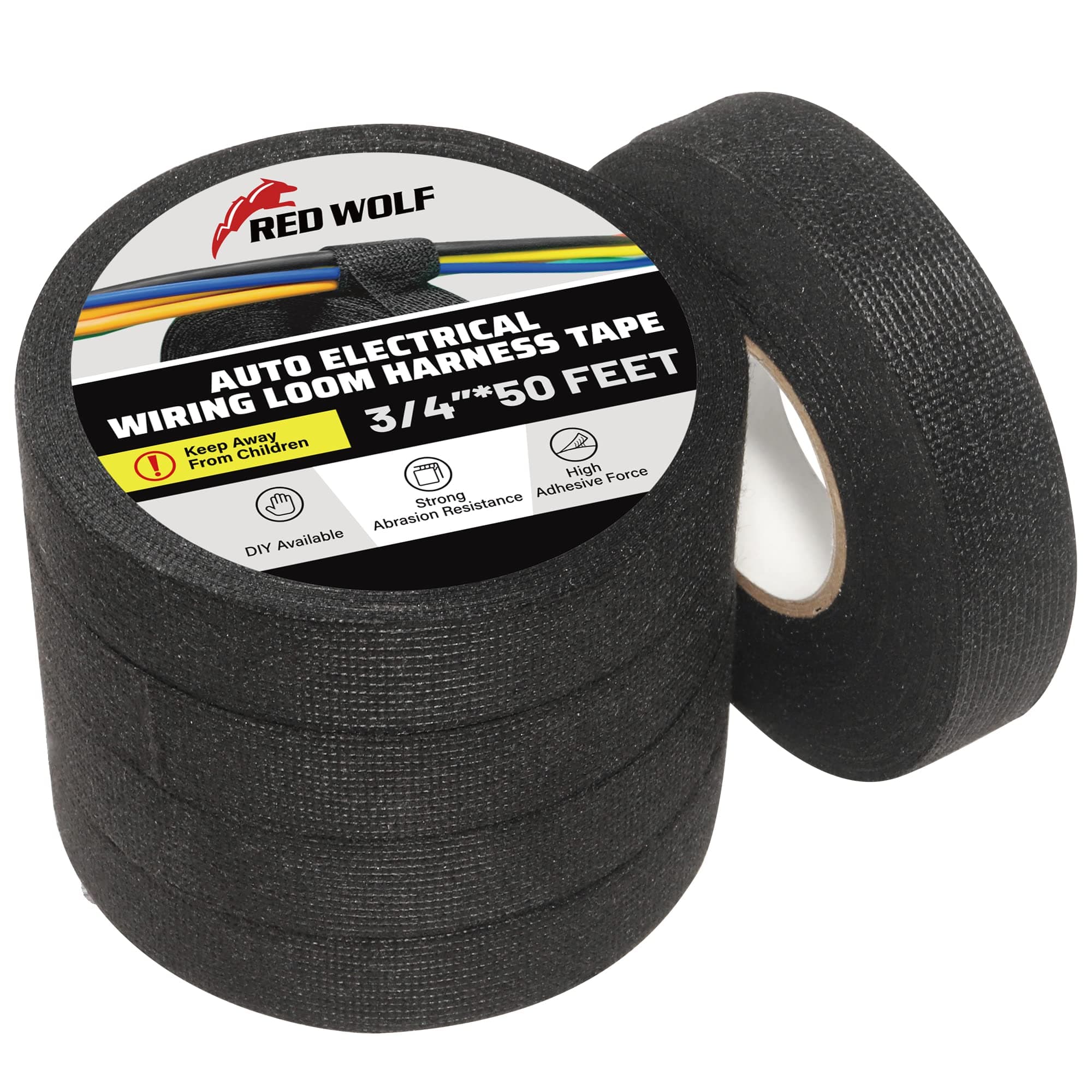- RED WOLF Wiring Harness Tape High Temp Wire Cable Loom Self-Adhesive Fabric Tape for Electrical Automotive Engine Harness Wrap Protection Noise Damping Cables Fixed 3/4 Inch x 50 FT 5 Rolls