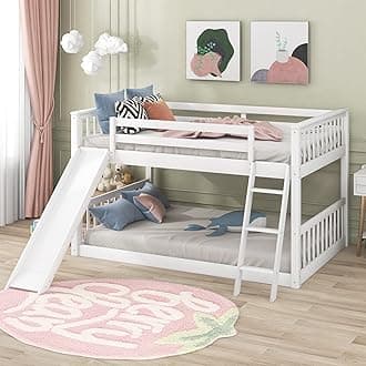 Bellemave Full Over Full Low Bunk Bed with Slide and Ladder, Low Bunk Bed for Kids, Girls, Boys, Floor bunk Bed, White