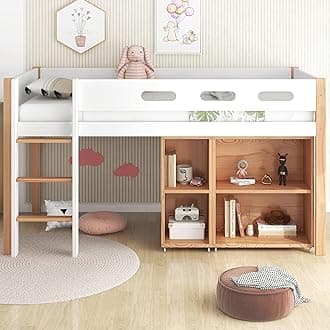 Loft Bed Children Single Bed Mid Sleeper Kids Storage Bed with Movable Cabinet, 3FT Bed, Suitable for Children Boys Girls, 90x190cm, White【UK Fast Shippment】