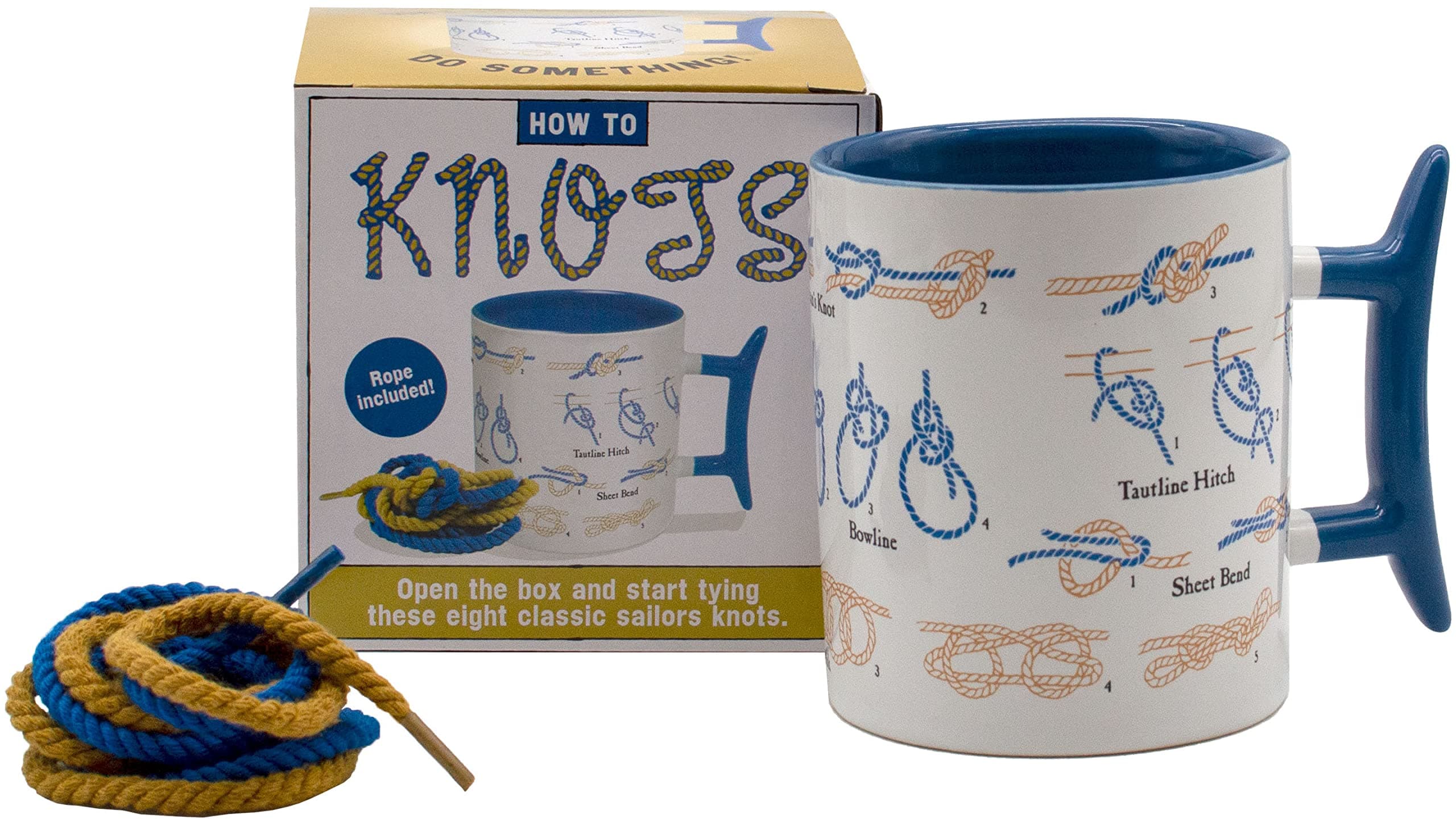 The Unemployed Philosophers Guild How To Tie Knots Mug - Learn to Make 8 Different Knots Over Coffee, Comes in a Gift Box, Rope Included, 12 oz