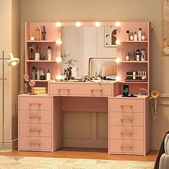 55 in Glass Top Vanity Desk with Mirror and Lights, Large Vanity Makeup Mirror Desk with Charging Station Compartment Storage Drawers, Modern Makeup Vanity with 9 Drawers 6 Shelves, Pink