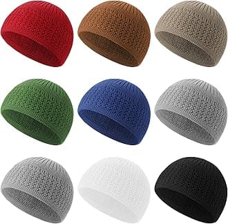 Funtery 9 Pieces Knit Kufi Hats Skull Caps for Men Women Muslim Helmet Liner Breathable Ramadan Crochet Beanie
