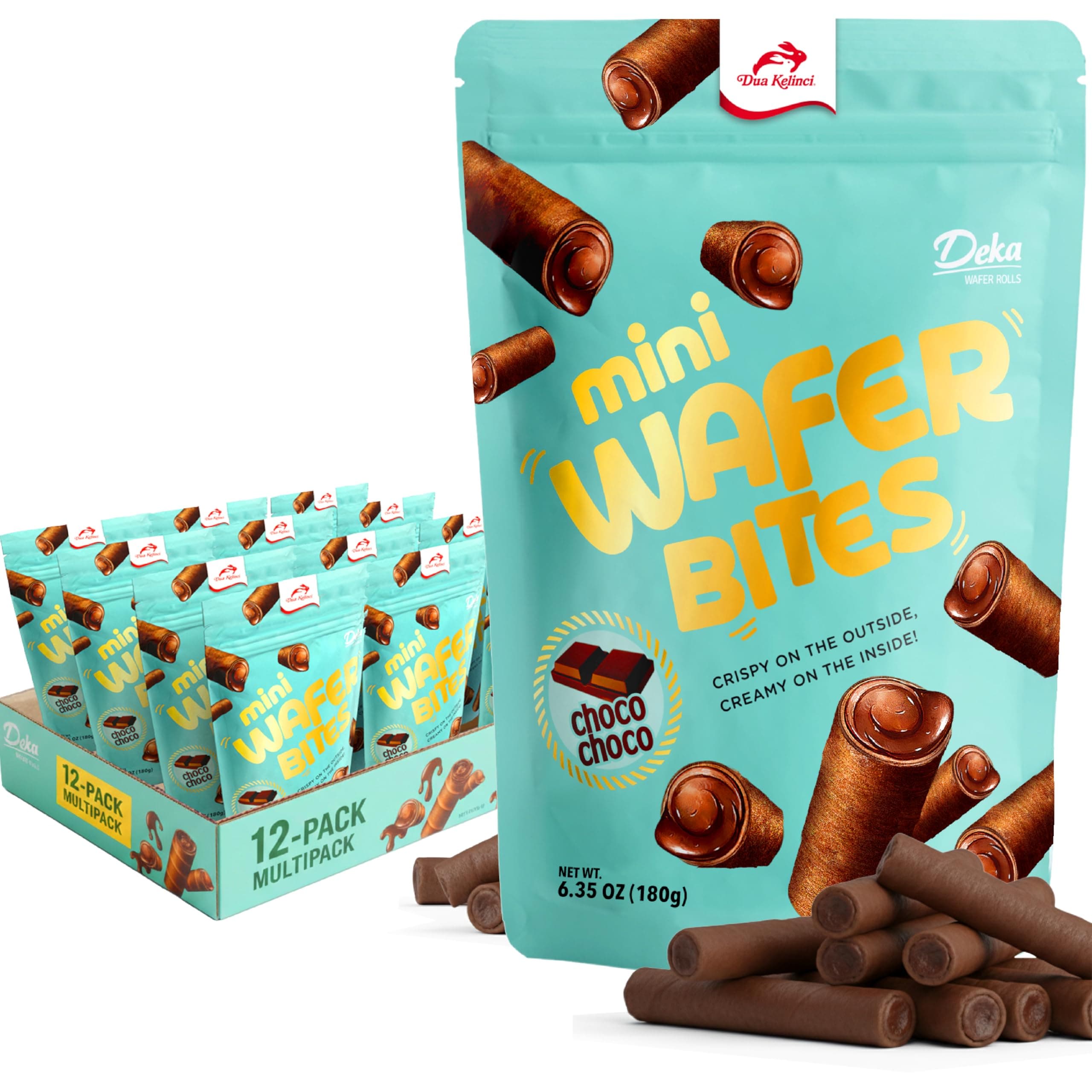 Deka Choco Choco Matcha Mini Wafer Bites, 7oz (Pack of 12) Chocolate Creme Filled Rolled Wafers