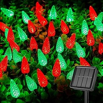 Brightown Solar Operated C6 Strawberry String Lights, 22.64ft 50 LEDs Red Green LED Christmas Fairy Lights, Solar Christmas Lights Outdoor, Christmas Decorations for Christmas Tree, Garden Decor