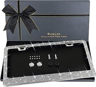 Sparkly Bling Stainless Steel License Plate Frames for Women, 1PCS | Over 1000 pcs 14 Facets Bedazzled Clear Glass Diamond Rhinestone Crystals w/Free Glitter Diamond Box (White)