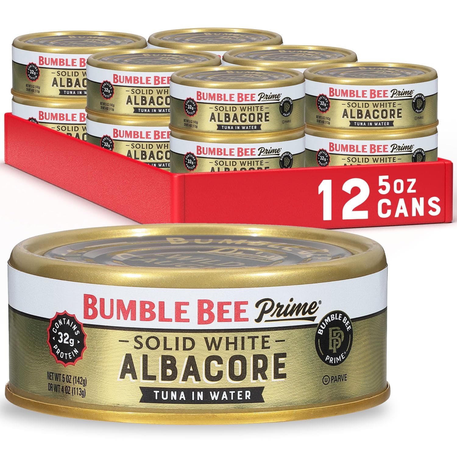 Bumble Bee Prime Solid White Albacore Tuna in Water, 5 oz Cans (Pack of 12) - Premium Wild Caught Tuna - 32g Protein per Serving - Non-GMO Project Verified, Gluten Free, Kosher