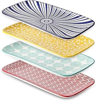 Selamica Ceramic Rectangular Salad Plates Set, Dinner Plate 9.4 Inch Dessert Plates for Party Entertaining, Small Serving Plates for Appetizers, Sushi, Fruit, Set of 4, Assorted Colors