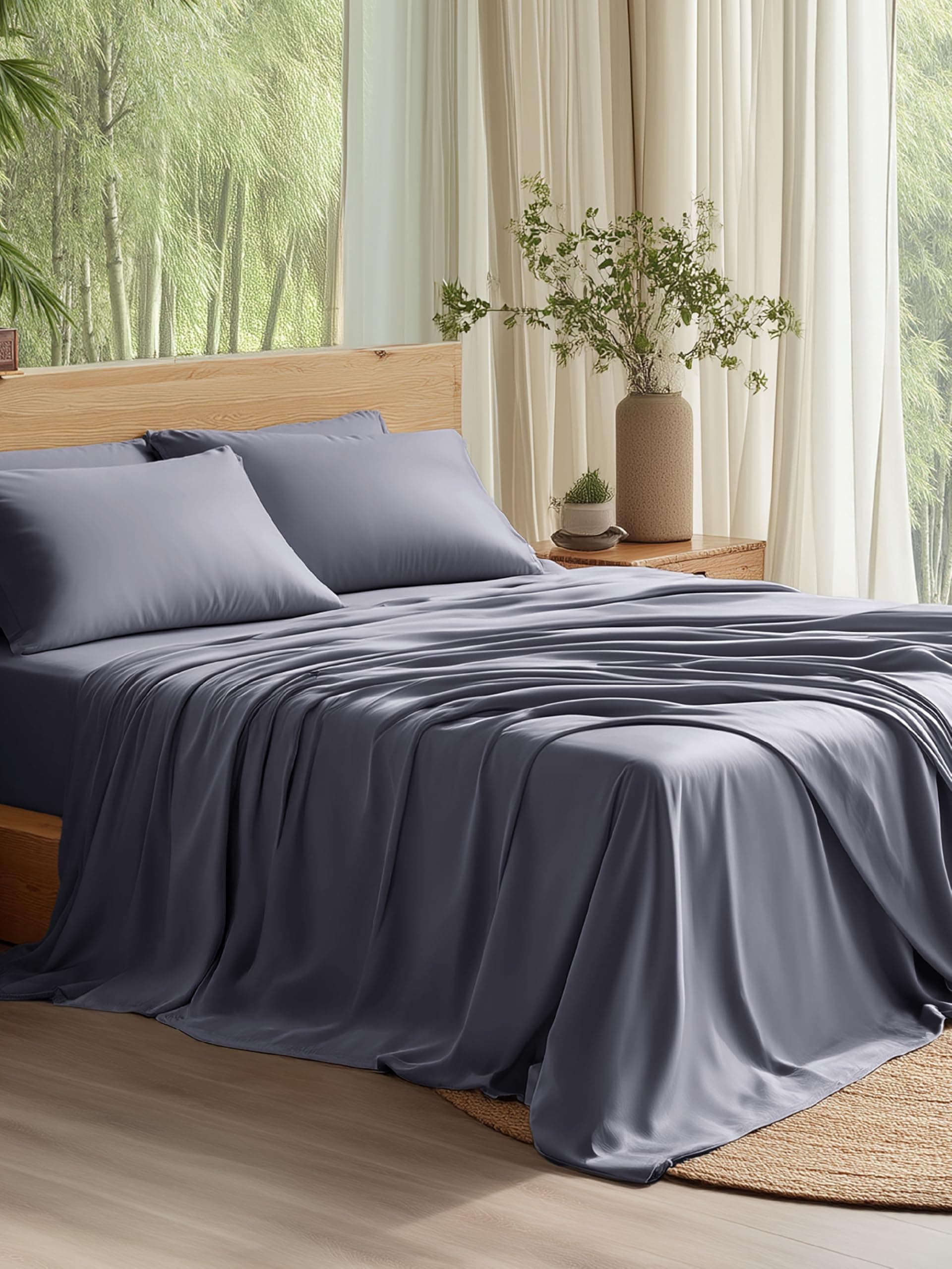 Bedsure Queen Sheet Set, Cooling Sheets for Queen Size Bed Set, Rayon Derived from Bamboo, Breathable & Soft, Deep Pocket Up to 16", Hotel Luxury Silky Bedding for Hot Sleepers, Dark Grey