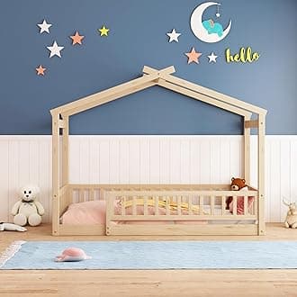 Bellemave Twin Size House Bed Frame, House Beds for Kids, Montessori Floor Bed with Fence, Playhouse for Kids, Natural