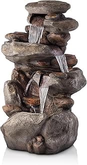 Alpine Corporation WIN316 4-Tiered Outdoor Floor Rock Water Fountain for Garden or Patio with Natural Stone Look, Light Gray