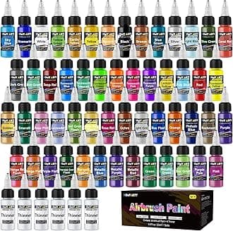 HOMY ARTY Airbrush Paint - 54 Colors with 6 Thinner, Ready to Spray Airbrush Paint Set, Water-Based Acrylic Air Brush Paints for Metal, Plastic Models, Canvas, Wood - 60 Bottles