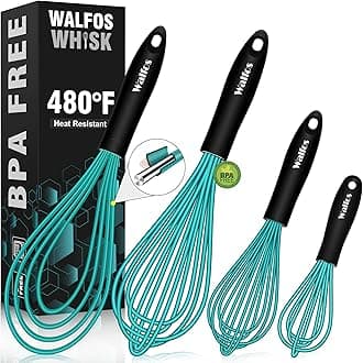 Walfos Silicone whisk,Whisks for Cooking Non Scratch, BPA Free whisk set of 4, 7+9+11in Balloon Whisks & 11in Flat Whisk, Heat Resistant(480°F).Great for Cooking in Pans, Baking, Whisking.Blue