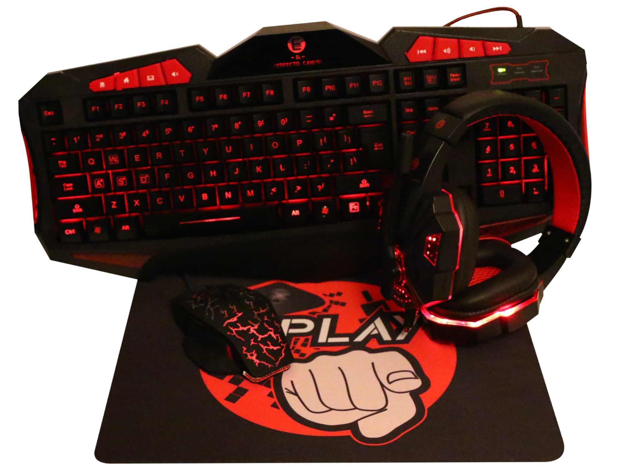 EL PERFECTO GAMING 4 Piece Integrated Set for Computer Games Black Waterproof Keyboard, Mouse, Mouse Pad and a Bonus Red Bass HD Headphone Set