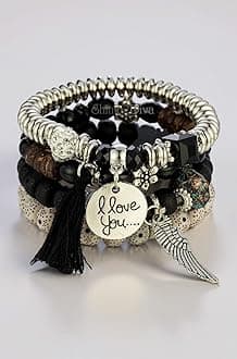 Shining Diva Fashion Latest Stylish Bohemian I Love You Feather Tassel Charm Multilayer Beaded Bangle Bodhi Bracelet for Women and Girls
