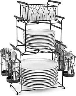 Sorbus® Buffet Caddy — 7-Piece Stackable Set Includes Plate, Napkin, and Silverware Holder, 3-Tier Detachable Tabletop Organizer — Ideal for Kitchen, Dining, Entertaining, Parties,Thanksgiving (Black)