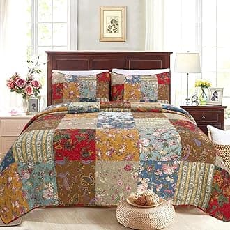 - 100% Cotton Hand Piecing Real Patchwork Floral Plaid Country Farmhouse Reversible Quilt Bedding Set Coverlet Bedspread for All Seasons (Khaki Red, Queen - 3 Piece)