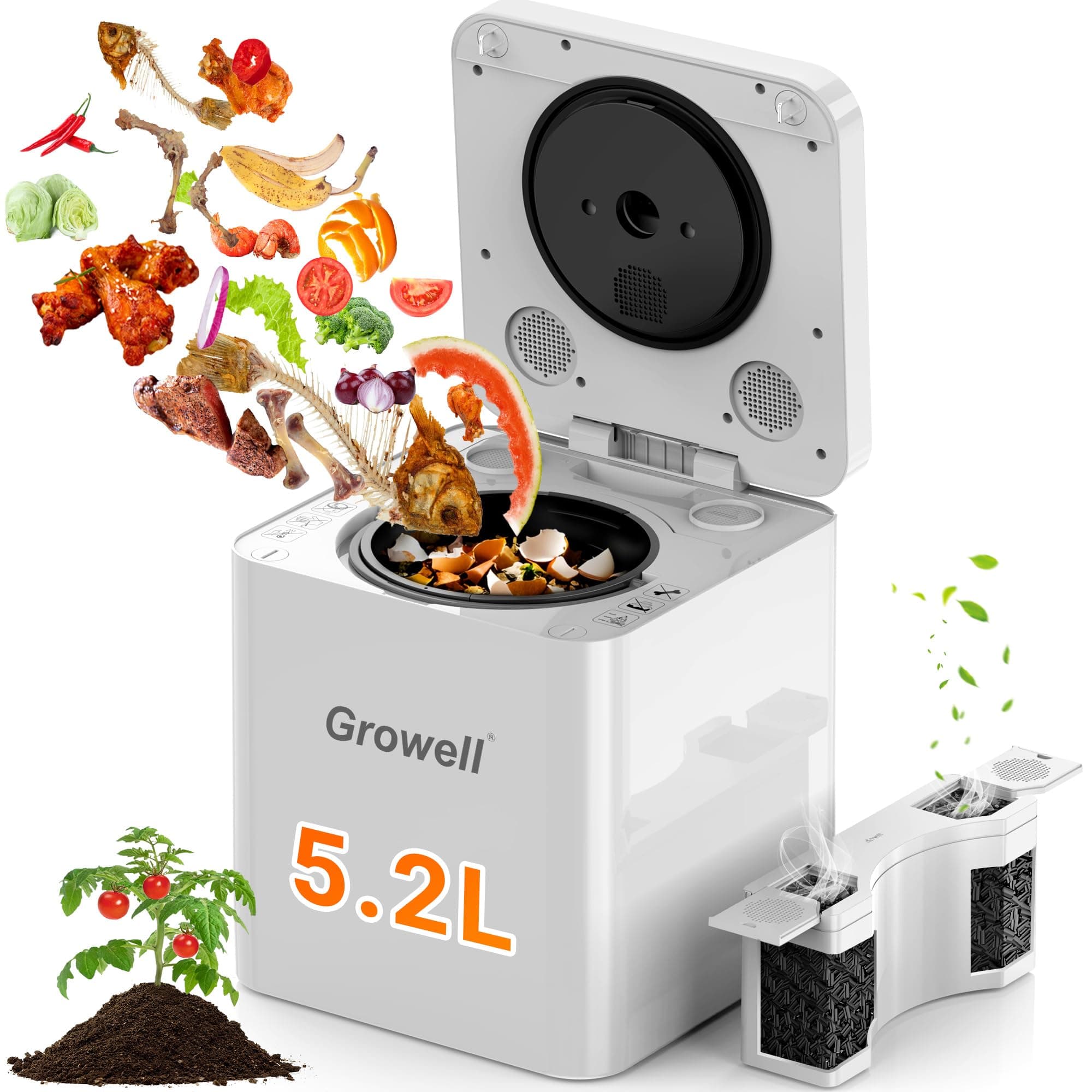 5.2L Large Electric Composter for Kitchen, Smart Odorless Compost Bin with 2-in-1 Activated Carbon Filter, Large LED Display, Child Lock, Auto-Cleaning, Indoor Countertop Food Waste Composting Machine