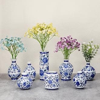 Dandat Set of 8 Porcelain Blue and White Ceramic Mini Chinoiserie Vases - Vintage Flower Vase for Home Living Room Bookshelf Decor