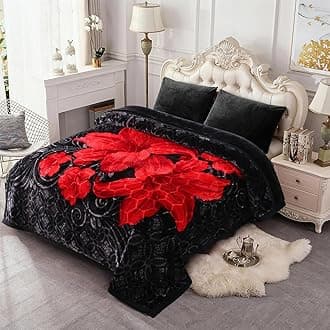 JML Korean Style Fleece Blanket King Size, 87" x94", 10.5 Pounds, Thick Raschel Floral Blanket for Winter, 2 Ply, A&B Printed, Silky Soft Plush,Warm (Black Flowers)