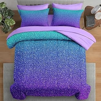 Comforter Set Twin Size, Colorful Girls Ombre Purple Glitter 5 Pcs Bedding for Kids and Adults, Neon Blue Teal Bed Sheet Sets with Fitted Sheet Pillowcase & Sham for Bedroom Bed Decor