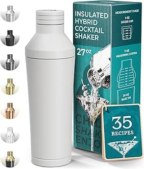 BARE BARREL Insulated Cocktail Shaker Set | Double Wall Stainless Steel | Martini Shaker for Home Bar Bartending | Built-in Drink Measure System & Strainer, Travel Bag, Recipes | Gift Set (Matt White)