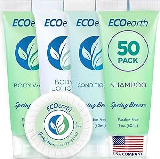 EcoEarth Sanitary Toiletries Bundle (Spring Breeze, 1 oz each, 250 Pieces) 5-Piece Set: 50 each Round Bar Soap, Shampoo, Conditioner, Body Lotion & Body Wash - Bulk Hotel Guest Amenities