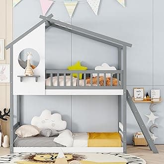 SOFTSEA Twin Over Twin House Bunk Bed for Kids, Floor Bunk Bed with Roof and Window, Wood Bunk Bed with Ladder and Guardrails, Twin Size House Shaped Bunk Bed for Kids, No Box Spring Needed, Gray