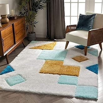 Carpetify Modern Geometric 3D Textured Thick And Soft Shaggy Fur Rectangular Rug & Carpet (8X10 Feet - Extra Large Size, Color - White Multi)