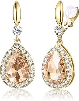 THUNARAZ Elegant Clip on Earrings for Women Sparkling Teardrop Dangle Clip Earrings Non-Pierced Rhinestone Cubic Zirconia Wedding Prom Jewelry 14K Gold and Silver Tone