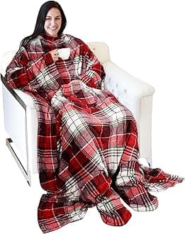 Catalonia Wearable Fleece Blanket with Sleeves and Foot Pockets for Adult Women Men, Micro Plush Comfy Wrap Sleeved Throw Blanket Robe Large, Red Plaid