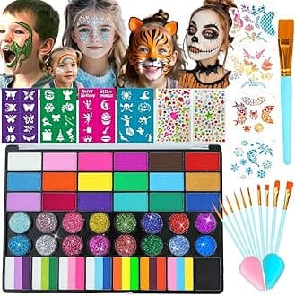Face Painting Kit for Kids, 42 Colors Professional Face Paint Makeup Kit Non-Toxic Water Activated Facepaint Palette with Brush, Stencil, Sponge, Gem, for Party Halloween Christmas (42 Colors)