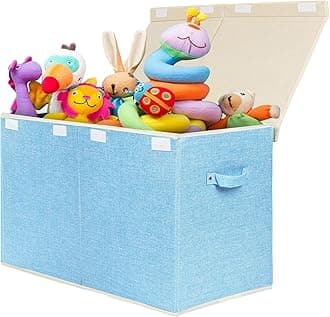 popoly Large Toy Box Chest with Lid, Collapsible Sturdy Toy Storage Organizer Boxes Bins Baskets for Kids, Boys, Girls, Nursery, Playroom, 25"x13" x16" (Linen Blue)