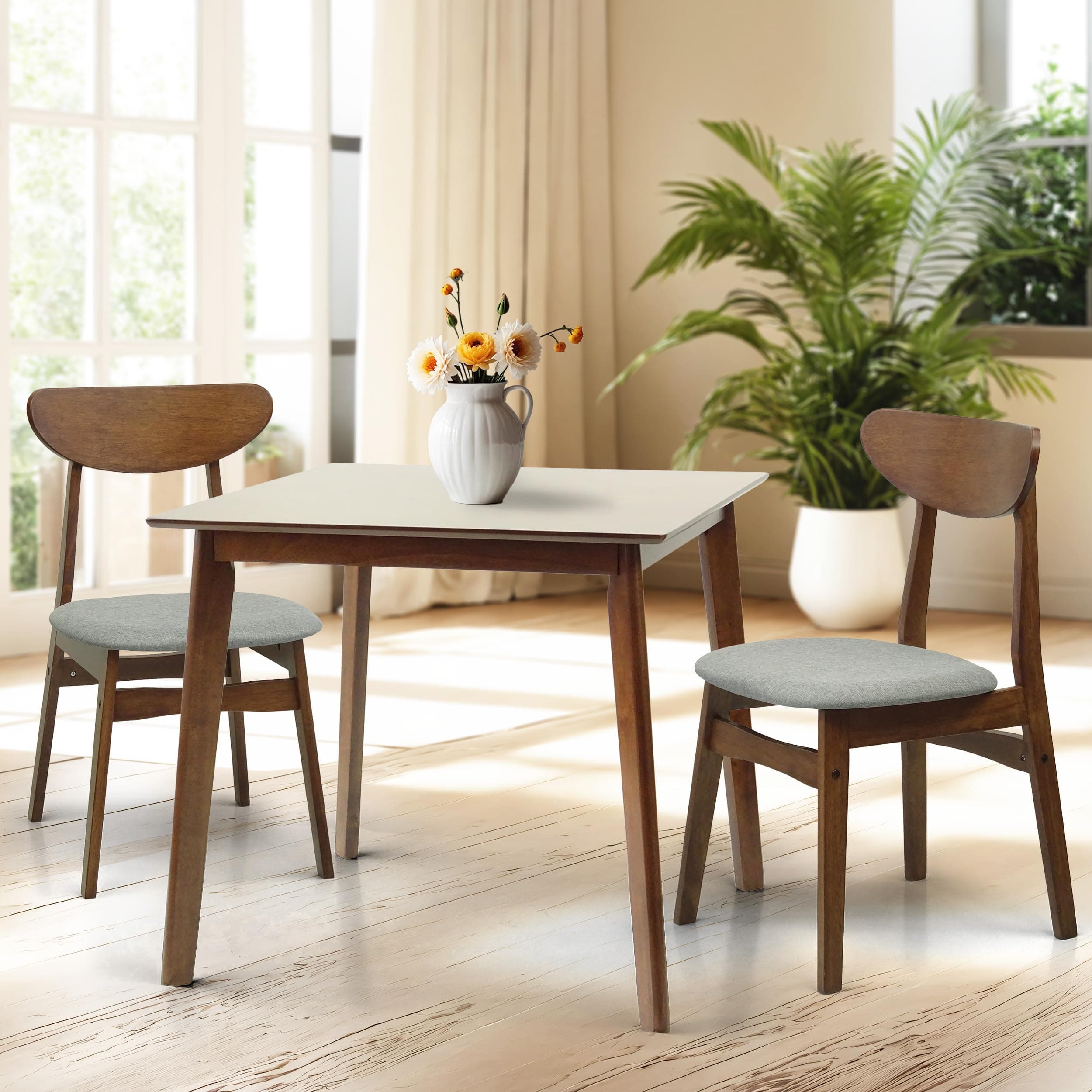 Wickerix Set of 3 Dining Kitchen Square Table and 2 Yumiko Side Chairs Solid Wood w/Padded Seat Medium Brown