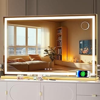 Hasipu Vanity Mirror with Lights, 80 x 50cm LED Makeup Mirror, Lighted Make up Mirrors with Dwith Touch Screen Control, 3 Dimmable Modes Square Gold
