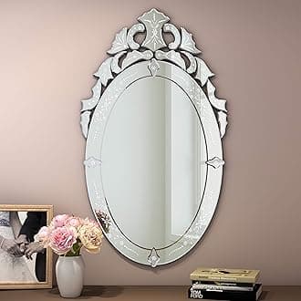 Oval Bathroom Mirror 42" x 24" Venetian Mirror with Top Crown Floral Etched Frameless Decorative Wall Mirror for Vanity Bathroom Bedroom Living Room