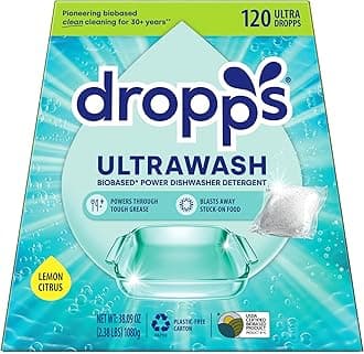 Dropps UltraWash Dishwasher Pods, Lemon Citrus (120 Count) - Biobased Power Deep Clean Dishwasher Detergent Tablets for Sparkling Shiny Dishes - No Rinse Aid or Pre-Wash Needed - Dishwashing Pods