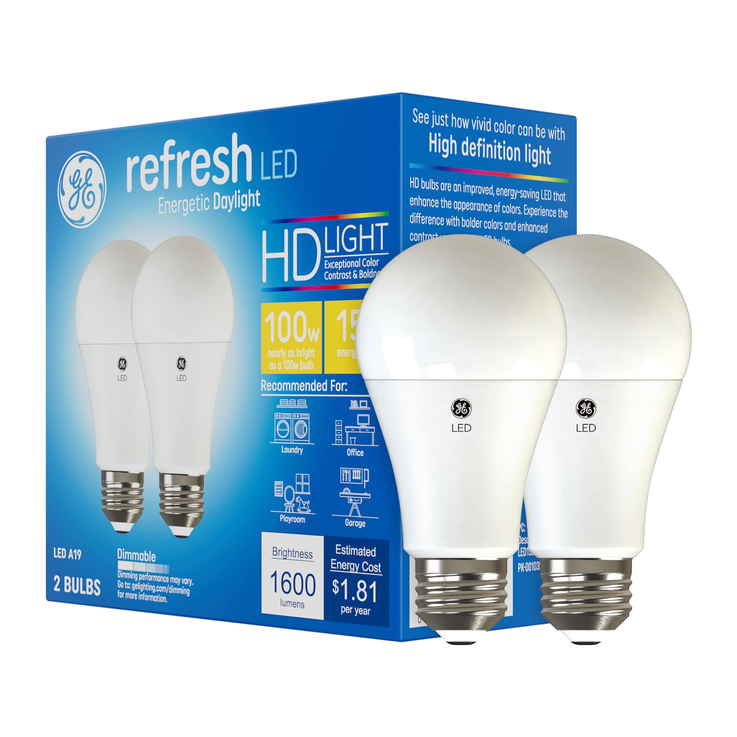 GE Refresh LED Light Bulbs, 100 Watt, Daylight, A19 (2 Pack)