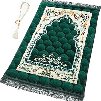 Muslim Prayer Rug with Tasbih Prayer Beads, Soft Large Prayer Matt Islam, Padded Islamic Prayer Mat Thick for Men and Women, Janamaz, Sajadah (31.5" x 47.2", Green)